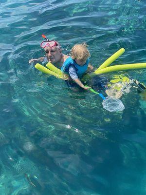 Toddler pretending to catch fish for his dad's tank.