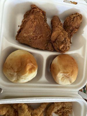 3 pieces of original chicken, 1 roll, 2 sides ~$15