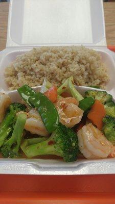 Shrimp & Broccoli (ordered spicy) with Brown Rice. Lunch Special = $7.70