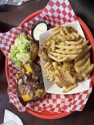 Single 7oz Burger with cheddar cheese, fried onions, lettuce, ketchup, mayo and pickles & a side of waffle fries (about $18)