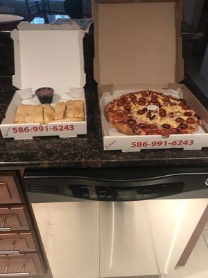 Pizza and breadsticks