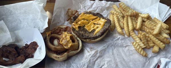 B&J Drive In (Nov 2024) - Well Done Bacon Cheeseburger w BBQ Sauce and Onion Rings