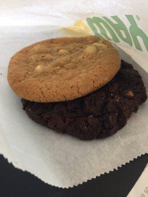 White chocolate chip macadamia and Double chocolate chip cookies