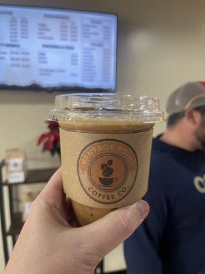 Iced vanilla latte - their tagline is "never miss a bean!"