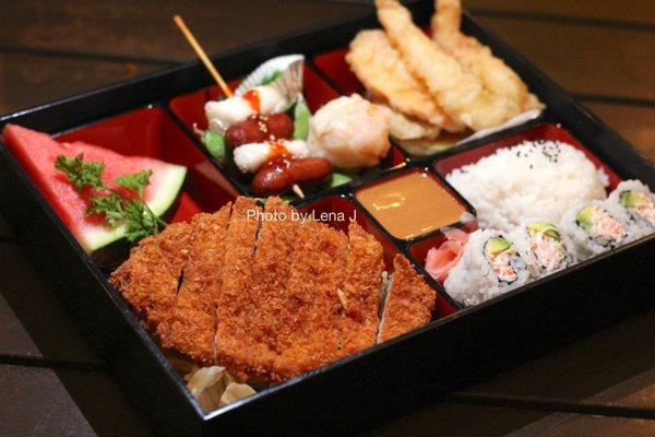 Tonkatsu Bento ($18) - w/ tempura and California rolls