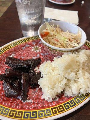 Thai sampler with papaya salad, beef jerky and sticky rice $12