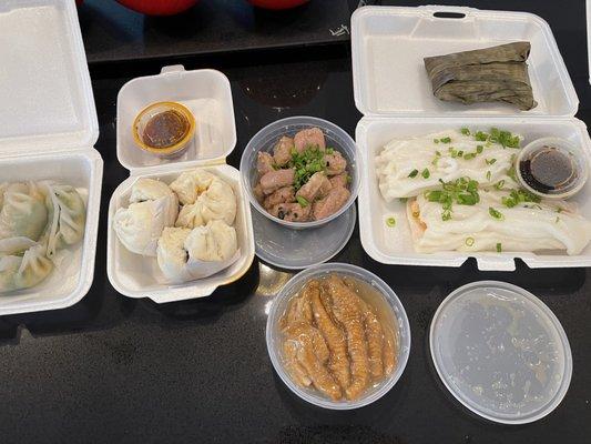 Left to Right: Stamed BBQ Pork Buns; Steamed Spareribs in Black Bean Sauce; Chicken Feet; Shrimp Rice Wrap