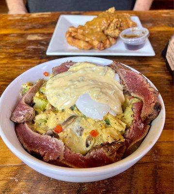 garbage bowl Benedict and chicken and waffles