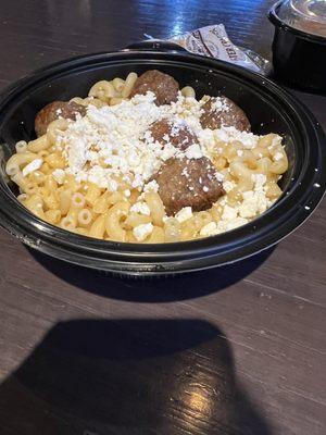 Wisconsin Mac & Cheese with feta and meatballs