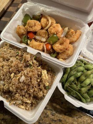 Salt and Pepper Shrimp, Egg Fried Rice, and Edamame