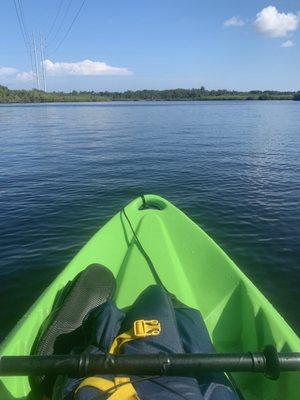 Out in the river on a tandem kayak