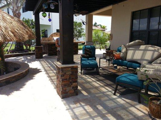 Outdoor seating area, fire pit, outdoor kitchen, travertine, trellis, Works in Hollywood, Davie, Weston, Southwest Ranches, Fort Lauderdale