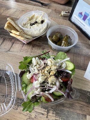 Baba Ghanoush, Stuffed Grape Leaves 5pcs and Greek Salad