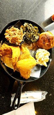 2 Meat platter of pulled pork, fried chicken, collard greens, potato salad