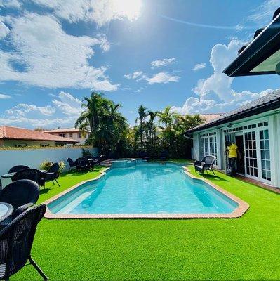 Synthetic turf for pool deck