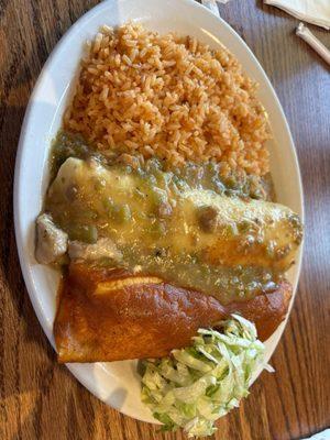 Lunch special pork burrito, pork enchilada with rice!