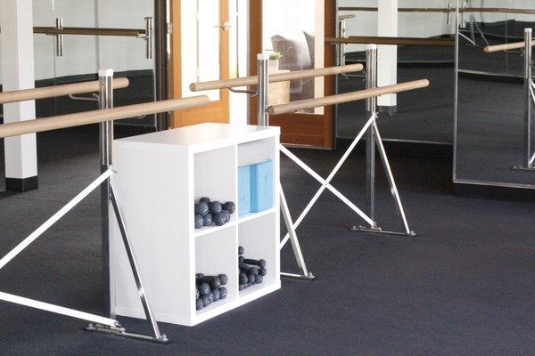 adjustable barre mounts that allow us to customize the barre height specific to your needs