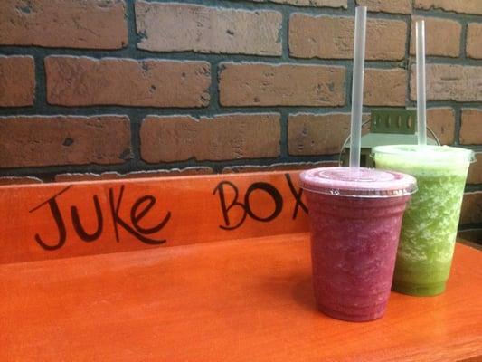 Beet Street smoothie on left, Piña Cucumber on the right.