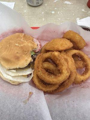 Hamburger and onion rings