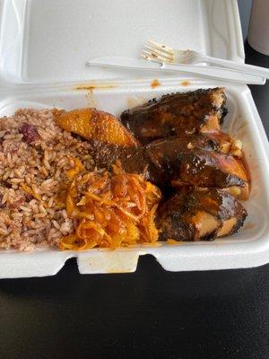 Rice And Peas, Plantain, Brown Stew Chicken and cabbage lunch special.