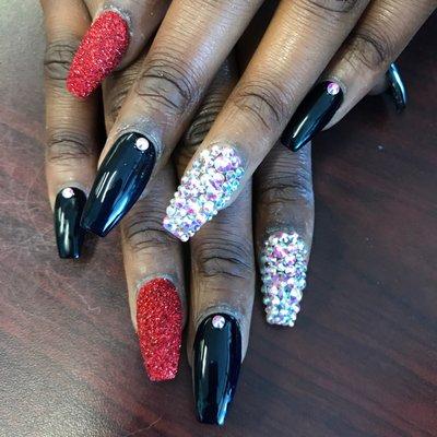 Acrylic nails with Swarovski and glitter dust design