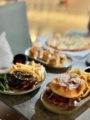 Skirt steak, snobby burger, Philly cheesesteak sliders, truffle mushroom pizza