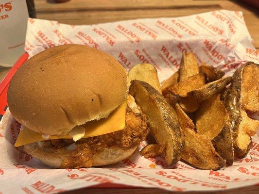 Fowl Mouth sandwich and potato wedges