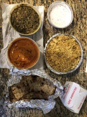 Chicken Saag (top left), Chicken Tikka Masala (mid left), Chicken Biryani (mid right), Plain Naan (bot left), Basmati Rice (bot right)