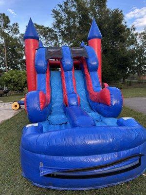 Wet or dry double lane slide and bounce house combo with basketball hoop