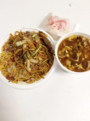 Beef lo mein lunch with hot sour soup