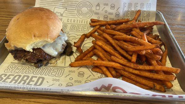 Mushroom Swiss Burger with sweet potato fries