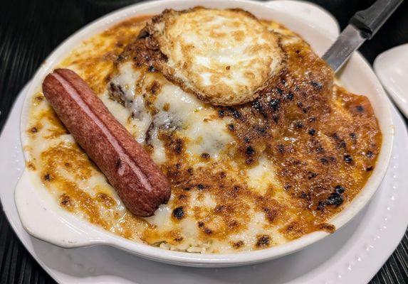 #6 On Whiteboard Menu Chicken Steak with Hot Dog and Egg over Fried Rice (includes Drink)  12/15/24