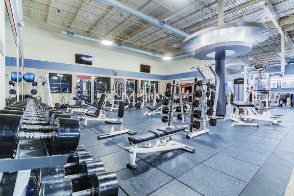 Free weight area with a wide variety of strength training equipment.