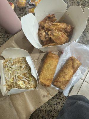 Shrimp fried rice, chicken wings, egg rolls