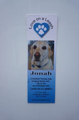 Jonah's "business card" as a Love on a Leash Therapy Dog