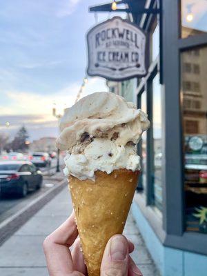 Maple pecan top, Chocolate Chip Cookie Dough bottom, pretzel cone