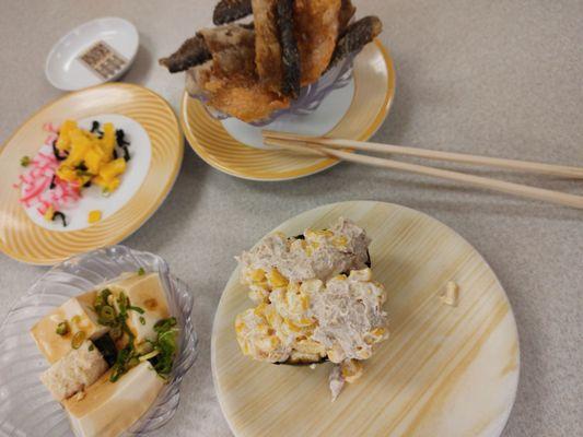 Tofu, kobocha tempura, tuna corn nigiri