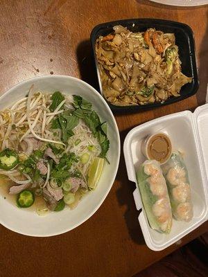 Pho, pad kee mao, and spring rolls