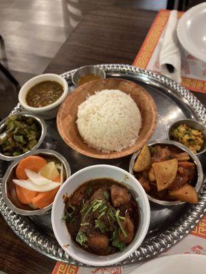 Chicken thali and sides (including delicious potato/carrot stew side and lentil stew side)