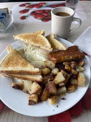 2 eggs, meat and a side of hash browns.