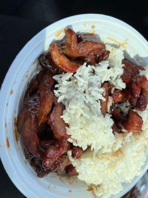 This is BBQ Spare Ribs boneless with white rice absolutely delicious .