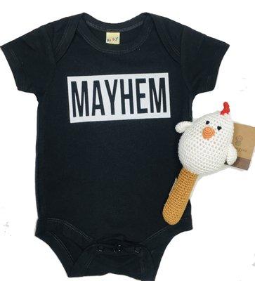 Mayhem Bodysuit, $22 Hand printed in Portland, OR Hen Stick Baby Rattle $13