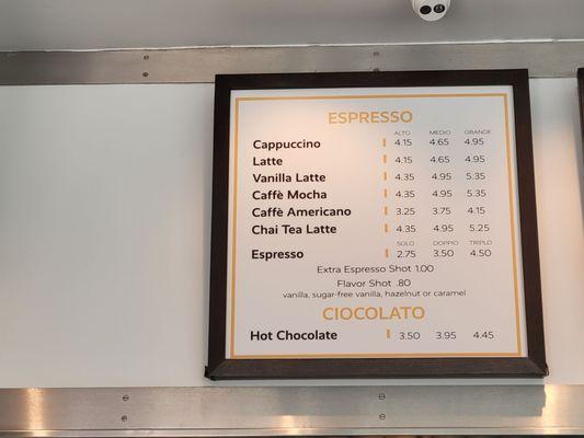 Coffee menu