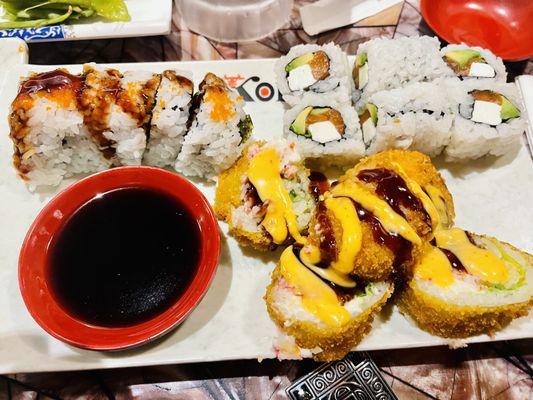 Spider roll from top left, California roll, tempura eel roll