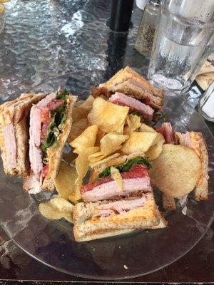 Pimiento cheese club sandwich with kettle chips