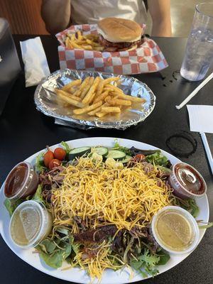 BBQ brisket salad and brisket+pork sandwich