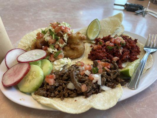 Asada taco, chorizo taco, and fried fish taco. All excellent on their made to order corn tortillas.