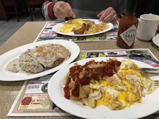 Country fried steak, eggs and potatoes!  Excellent but a big steak couldn't quite eat it all!!