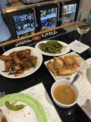 Spicy edamame, crab Rangoon & spicy chicken wings