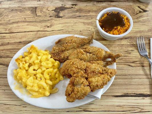 Fried whiting, baked macaroni & cheese, and red rice with beans